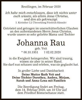 Anzeige von Johanna Rau von Reutlinger General-Anzeiger