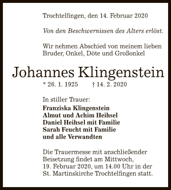 Anzeige von Johannes Klingenstein von Reutlinger General-Anzeiger