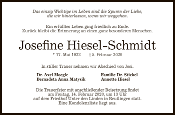 Anzeige von Josefine Hiesel-Schmidt von Reutlinger General-Anzeiger