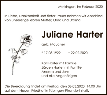 Anzeige von Juliane Harter von Reutlinger General-Anzeiger