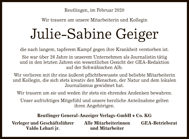  Traueranzeige für Julie-Sabine Geiger vom 20.02.2020 aus Reutlinger General-Anzeiger