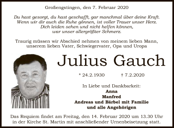 Anzeige von Julius Gauch von Reutlinger General-Anzeiger