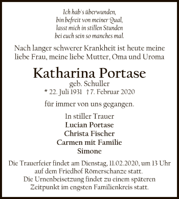 Anzeige von Katharina Portase von Reutlinger General-Anzeiger