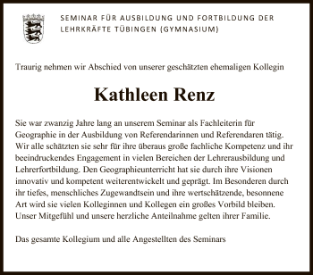 Anzeige von Kathleen Renz von Reutlinger General-Anzeiger