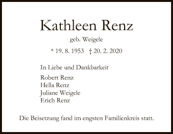 Anzeige von Kathleen Renz von Reutlinger General-Anzeiger