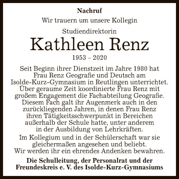 Anzeige von Kathleen Renz von Reutlinger General-Anzeiger