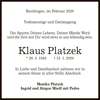 Anzeige von Klaus Platzek von Reutlinger General-Anzeiger