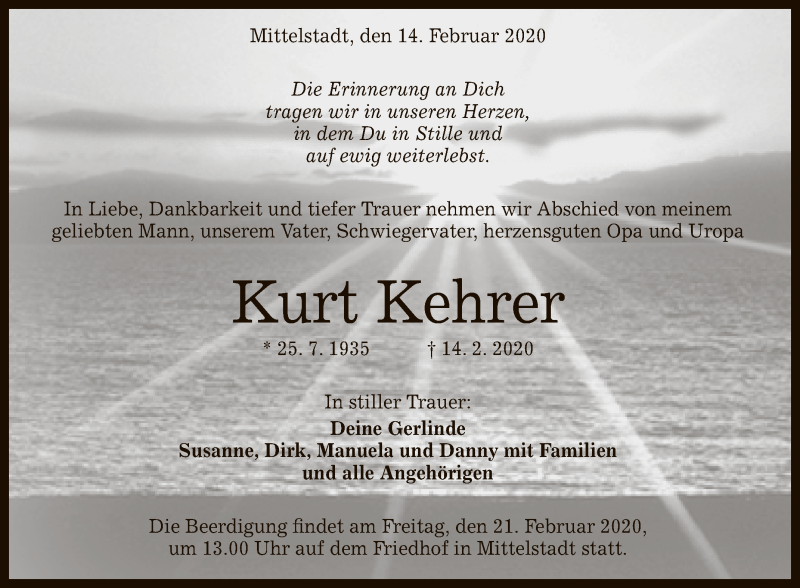  Traueranzeige für Kurt Kehrer vom 18.02.2020 aus Reutlinger General-Anzeiger