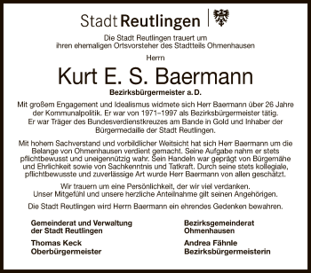 Anzeige von Kurt E. S. Baermann von Reutlinger General-Anzeiger
