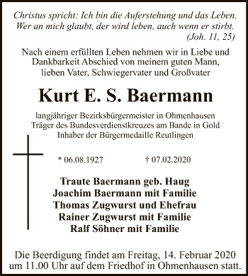Anzeige von Kurt E. S. Baermann von Reutlinger General-Anzeiger