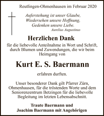 Anzeige von Kurt E. S. Baermann von Reutlinger General-Anzeiger