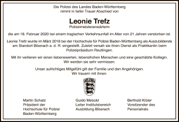 Anzeige von Leonie Trefz von Reutlinger General-Anzeiger