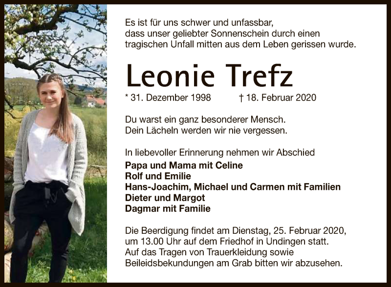  Traueranzeige für Leonie Trefz vom 22.02.2020 aus Reutlinger General-Anzeiger