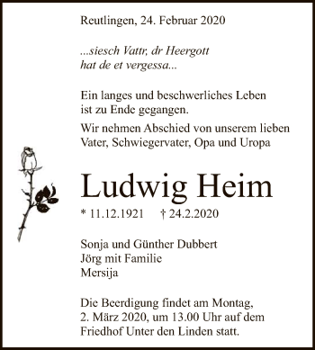 Anzeige von Ludwig Heim von Reutlinger General-Anzeiger