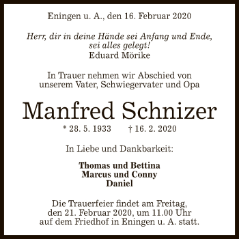 Anzeige von Manfred Schnizer von Reutlinger General-Anzeiger
