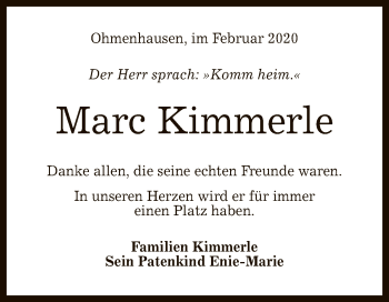 Anzeige von Marc Kimmerle von Reutlinger General-Anzeiger