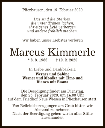 Anzeige von Marcus Kimmerle von Reutlinger General-Anzeiger