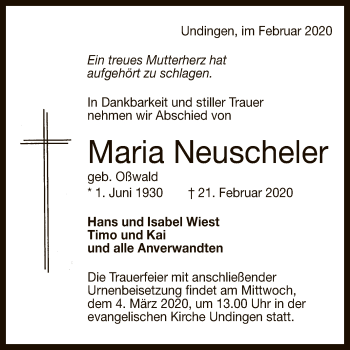 Anzeige von Maria Neuscheler von Reutlinger General-Anzeiger