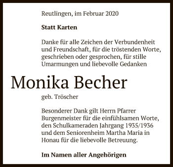 Anzeige von Monika Becher von Reutlinger General-Anzeiger