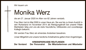 Anzeige von Monika Werz von Reutlinger General-Anzeiger