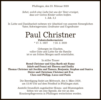 Anzeige von Paul Christner von Reutlinger General-Anzeiger