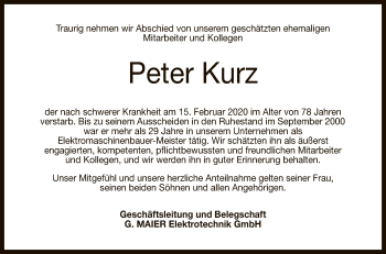 Anzeige von Peter Kurz von Reutlinger General-Anzeiger