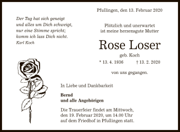 Anzeige von Rose Loser von Reutlinger General-Anzeiger