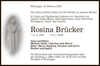 Anzeige von Rosina Brücker von Reutlinger General-Anzeiger
