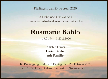 Anzeige von Rosmarie Bahlo von Reutlinger General-Anzeiger