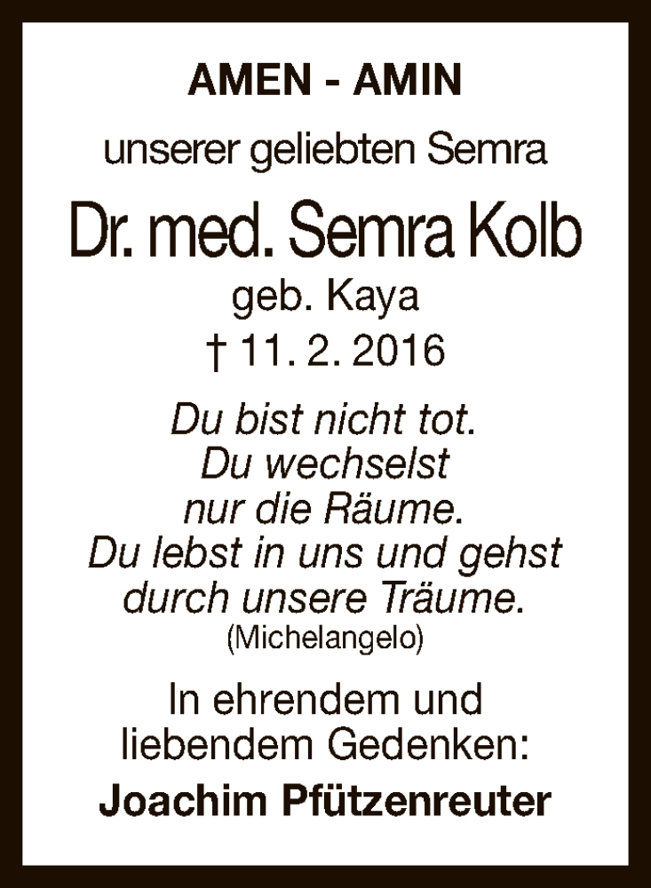  Traueranzeige für Semra Kolb vom 11.02.2020 aus Reutlinger General-Anzeiger
