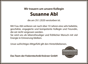 Anzeige von Susanne Abl von Reutlinger General-Anzeiger