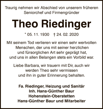 Anzeige von Theo Riedinger von Reutlinger General-Anzeiger