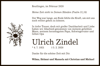 Anzeige von Ulrich Zindel von Reutlinger General-Anzeiger