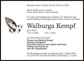 Anzeige von Walburga Kempf von Reutlinger General-Anzeiger