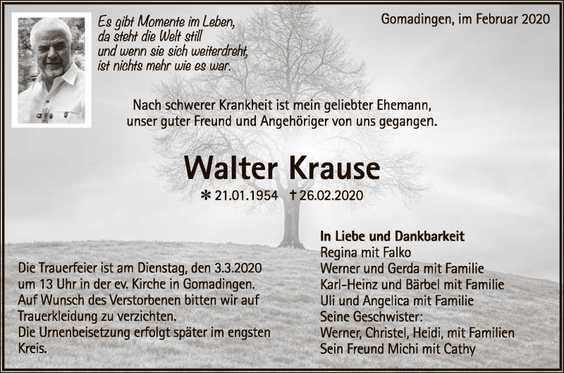  Traueranzeige für Walter Krause vom 29.02.2020 aus Reutlinger General-Anzeiger