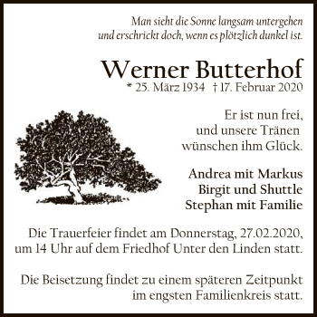 Anzeige von Werner Butterhof von Reutlinger General-Anzeiger