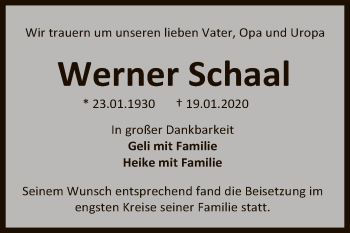 Anzeige von Werner Schaal von Reutlinger General-Anzeiger