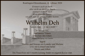 Anzeige von Wilhelm Deh von Reutlinger General-Anzeiger