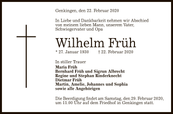 Anzeige von Wilhelm Früh von Reutlinger General-Anzeiger