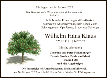 Anzeige von Wilhelm Hans Klaus von Reutlinger General-Anzeiger