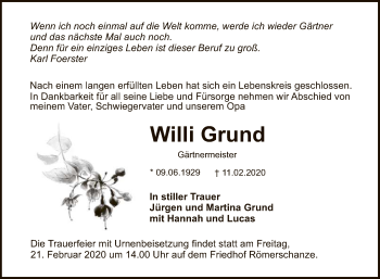 Anzeige von Willi Grund von Reutlinger General-Anzeiger