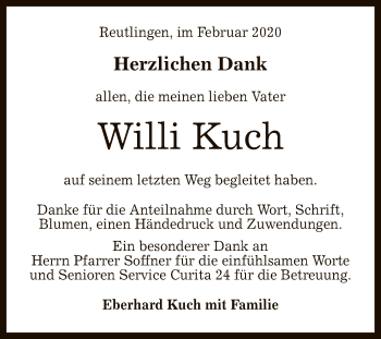 Anzeige von Willi Kuch von Reutlinger General-Anzeiger