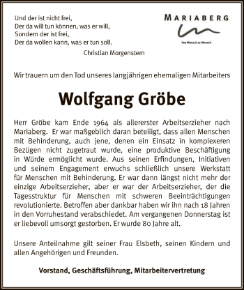 Anzeige von Wolfgang Gröbe von Reutlinger General-Anzeiger