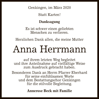 Anzeige von Anna Herrmann von Reutlinger General-Anzeiger