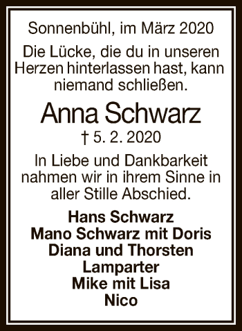 Anzeige von Anna Schwarz von Reutlinger General-Anzeiger