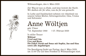 Anzeige von Anne Wöltjen von Reutlinger General-Anzeiger