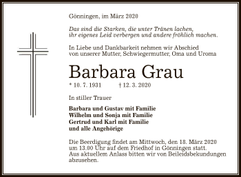 Anzeige von Barbara Grau von Reutlinger General-Anzeiger