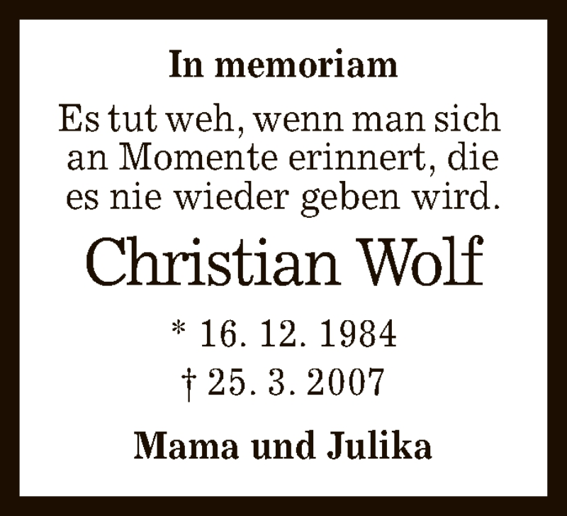  Traueranzeige für Christian Wolf vom 25.03.2020 aus Reutlinger General-Anzeiger