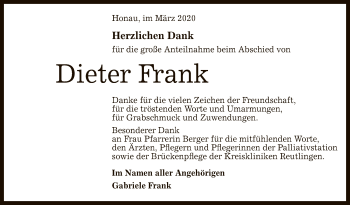 Anzeige von Dieter Frank von Reutlinger General-Anzeiger