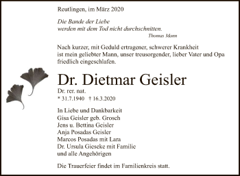 Anzeige von Dietmar Geisler von Reutlinger General-Anzeiger